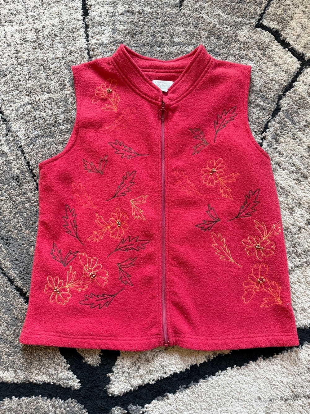 Embroidered Floral Zip-Up Fleece Vest - Raspberry Red. Great fall look!